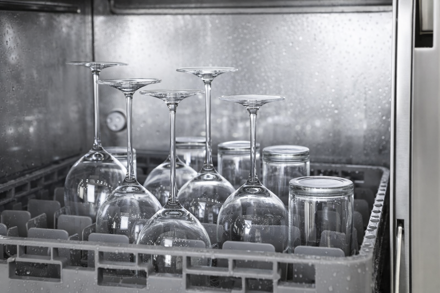 Verres à vin correctement disposés dans un lave-vaisselle professionnel pendant le cycle de lavage en restauration