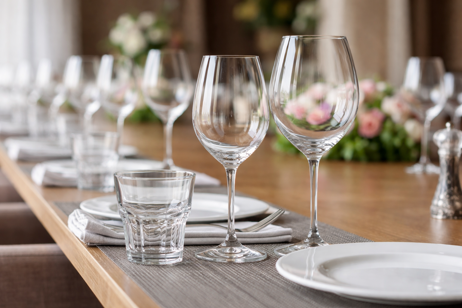 Weingläser und Wasserglas auf gedecktem Restauranttisch mit Teller und Serviette in der Gastronomie