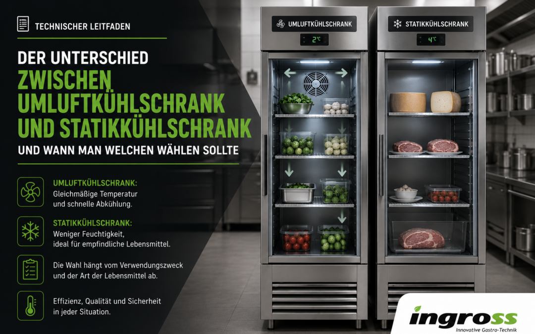 Technischer Vergleich zwischen Umluftkühlschrank und Statikkühlschrank in einer professionellen Horeca-Küche mit visueller Darstellung der Kühlsysteme von Ingross