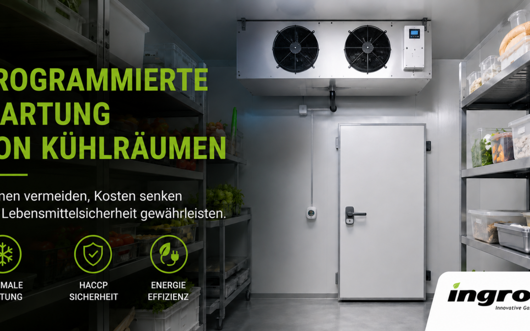 Techniker führt eine geplante Wartung an einer professionellen Kühlzelle in der Gastronomie durch