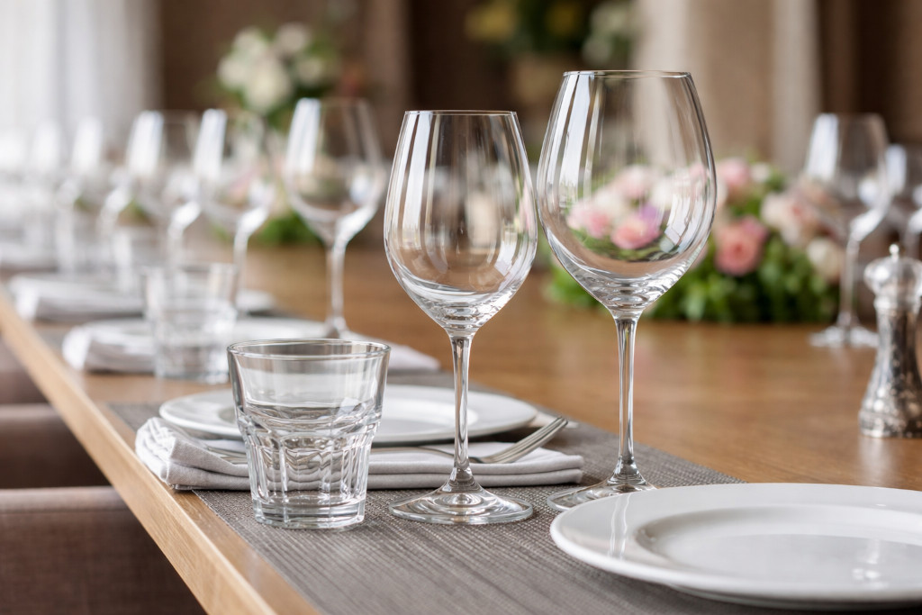 Weingläser und Wasserglas auf gedecktem Restauranttisch mit Teller und Serviette in der Gastronomie