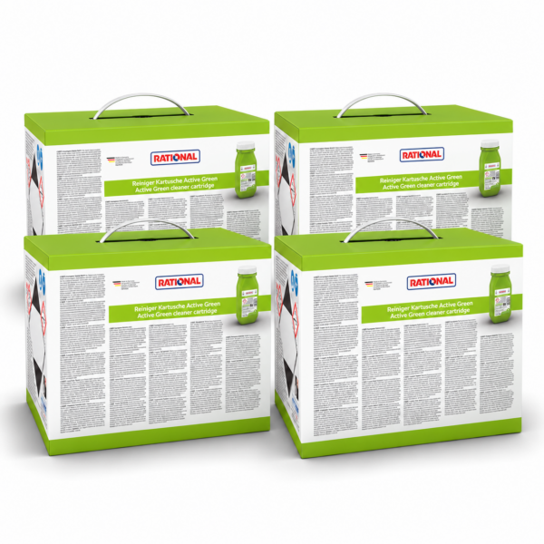 Vier Packungen RATIONAL Active Green Reiniger-Kartuschen für iCareSystem AutoDose mit je 6 Kartuschen.