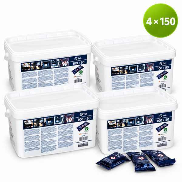 Vier Eimer RATIONAL Care-Tabs mit je 150 Pflegetabletten – insgesamt 600 Tabs mit Kalkschutz